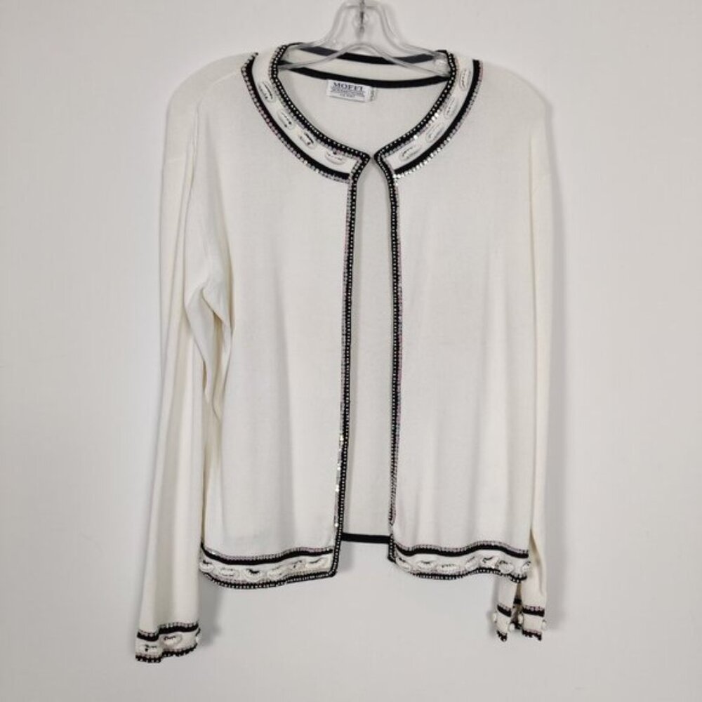 Moffi International Womens Cardigan Size L White Black Beaded Casual